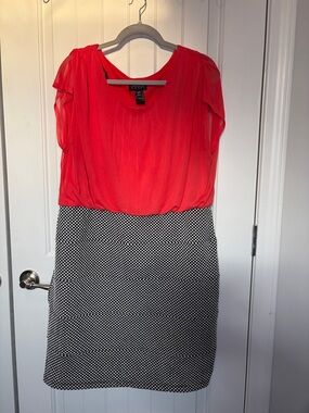 Enfocus Studio Coral and Black Polka Dot Midi Dress